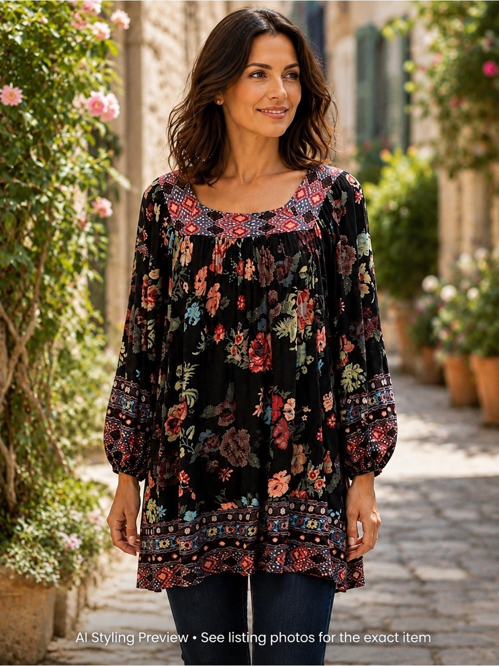 American Rag Boho Floral Peasant Tunic Top Black Long Sleeve Women’s S